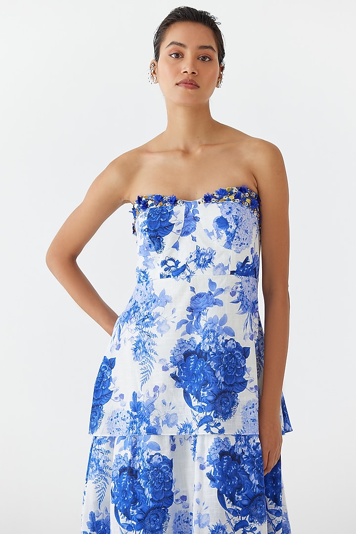 Blue Cotton Hand Embroidered & Chintz Printed Tiered Summer Dress by Studio Rigu at Pernia's Pop Up Shop