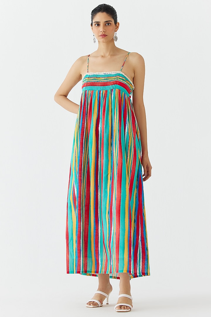 Multi-Colored Cotton Stripe Printed Strappy Maxi Dress by Studio Rigu