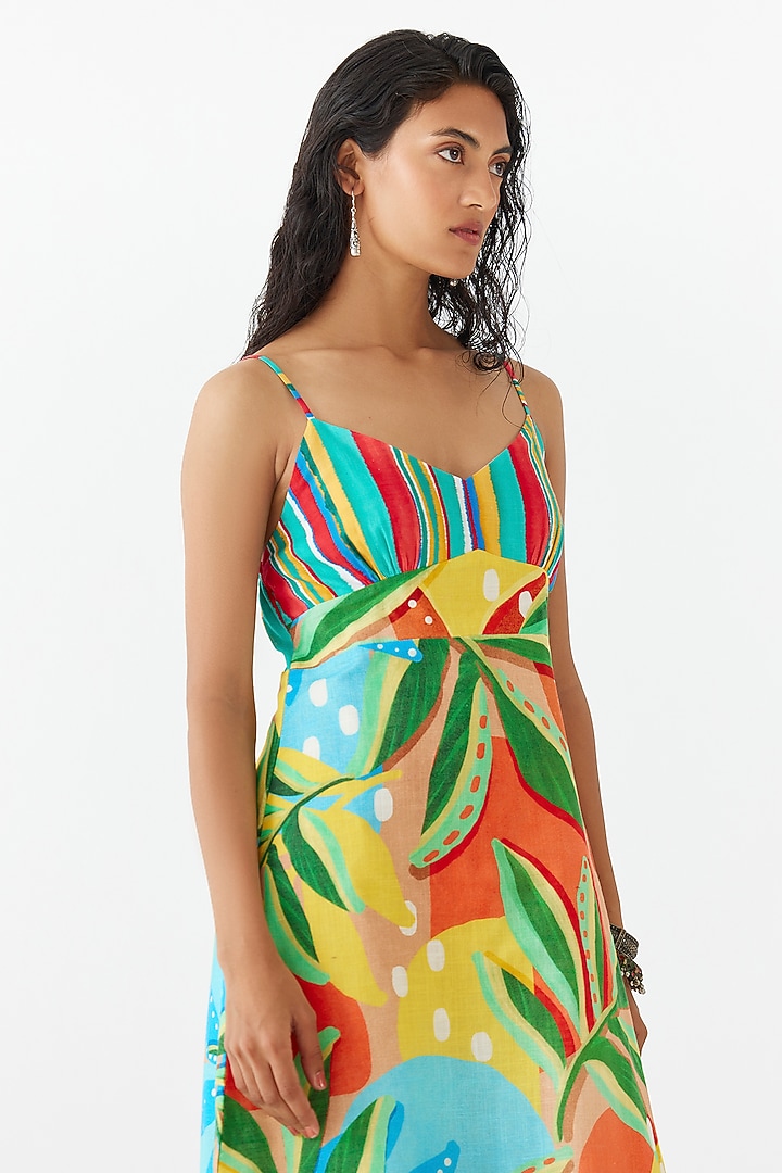 Multi-Colored Cotton Floral Printed Strappy Midi Summer Dress by Studio Rigu at Pernia's Pop Up Shop