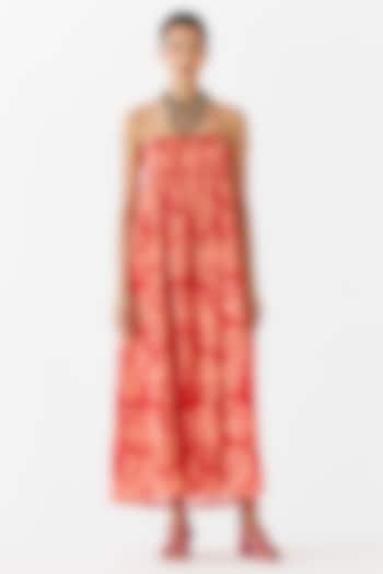 Red Cotton Talon Printed Strappy Maxi Dress by Studio Rigu