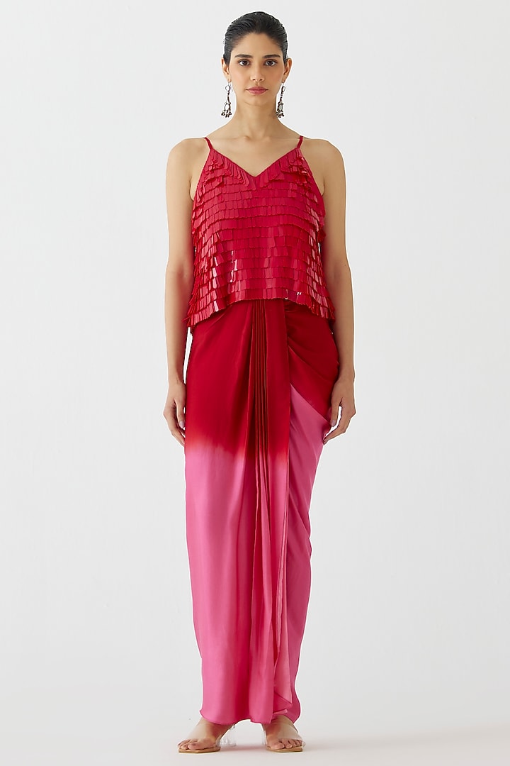 Pink & Red Vegan Silk Ombre Draped Skirt Set by Studio Rigu at Pernia's Pop Up Shop