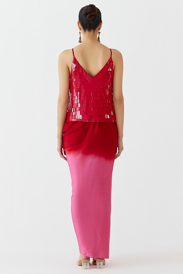 Pink & Red Vegan Silk Ombre Draped Skirt Set by Studio Rigu at Pernia's Pop Up Shop