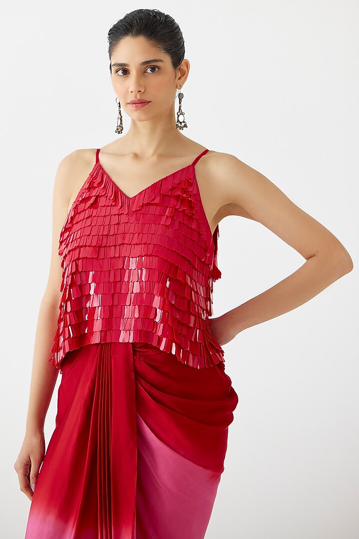 Pink & Red Vegan Silk Ombre Draped Skirt Set by Studio Rigu at Pernia's Pop Up Shop