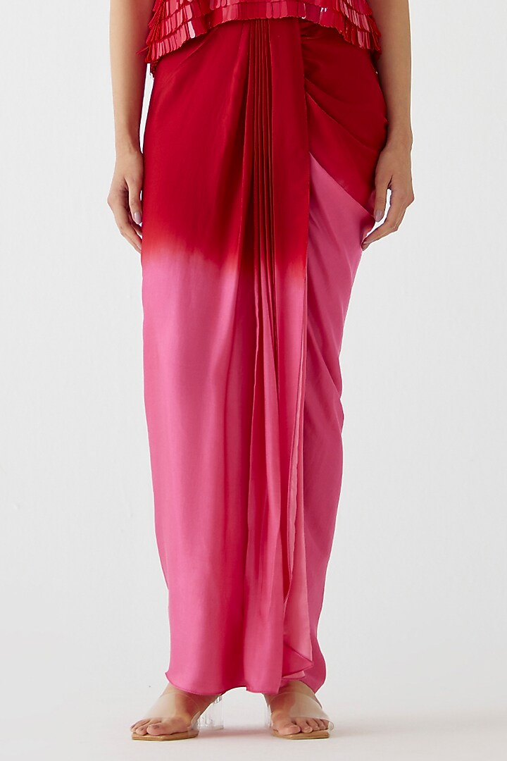 Pink & Red Vegan Silk Ombre Draped Skirt Set by Studio Rigu at Pernia's Pop Up Shop