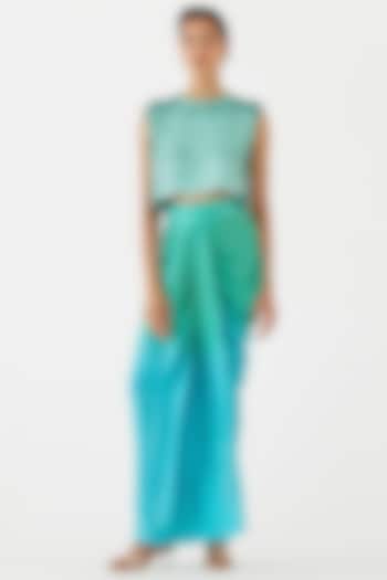 Teal Green Vegan Silk Draped Skirt Set by Studio Rigu at Pernia's Pop Up Shop
