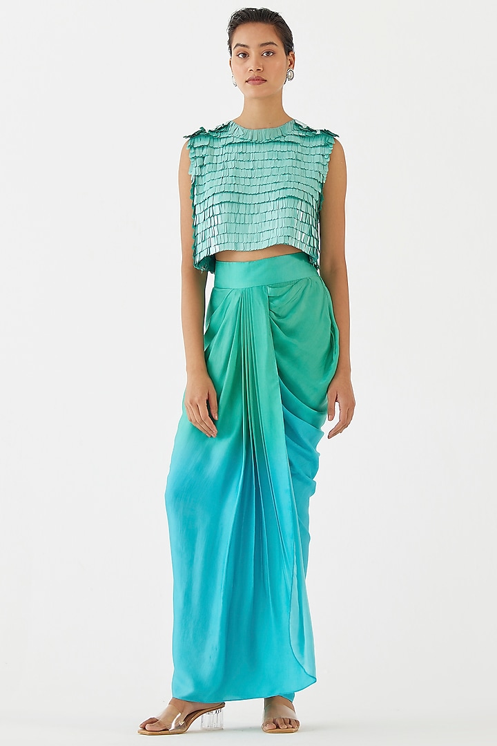 Teal Green Vegan Silk Draped Skirt Set by Studio Rigu at Pernia's Pop Up Shop
