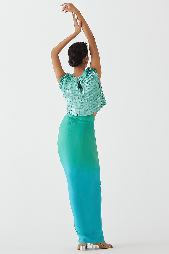 Teal Green Vegan Silk Draped Skirt Set by Studio Rigu at Pernia's Pop Up Shop