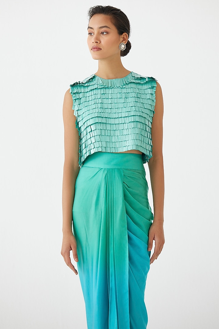 Teal Green Vegan Silk Draped Skirt Set by Studio Rigu at Pernia's Pop Up Shop