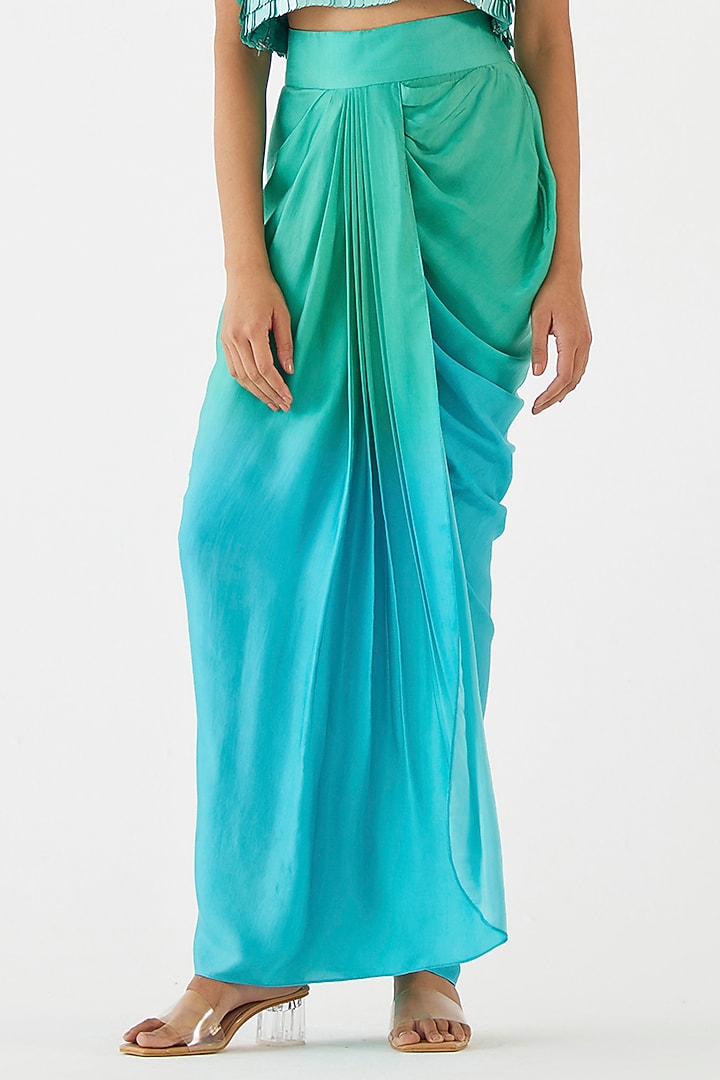 Teal Green Vegan Silk Draped Skirt Set by Studio Rigu at Pernia's Pop Up Shop