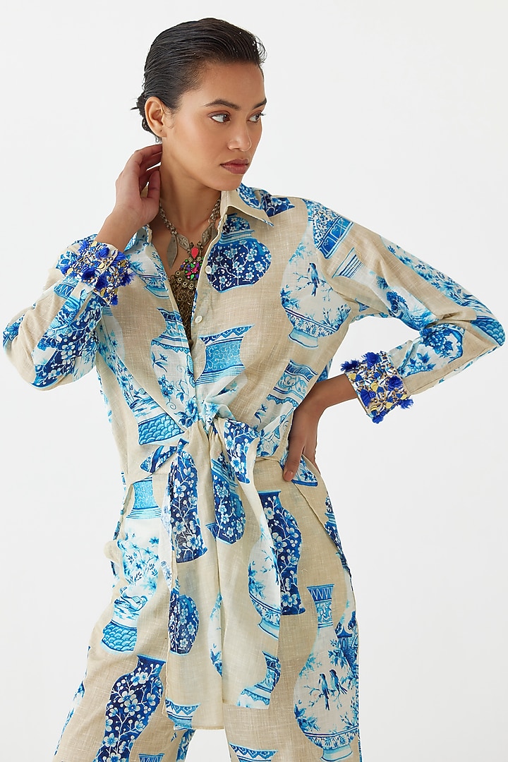 Blue-Beige Cotton Digital Printed Co-Ord Set by Studio Rigu at Pernia's Pop Up Shop