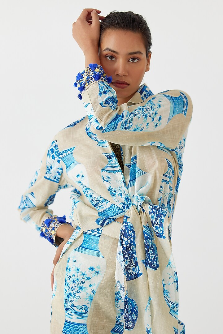 Blue-Beige Cotton Digital Printed Co-Ord Set by Studio Rigu at Pernia's Pop Up Shop