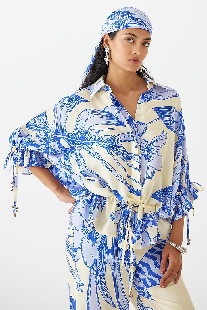 Blue Vegan Silk Printed Co-Ord Set by Studio Rigu at Pernia's Pop Up Shop