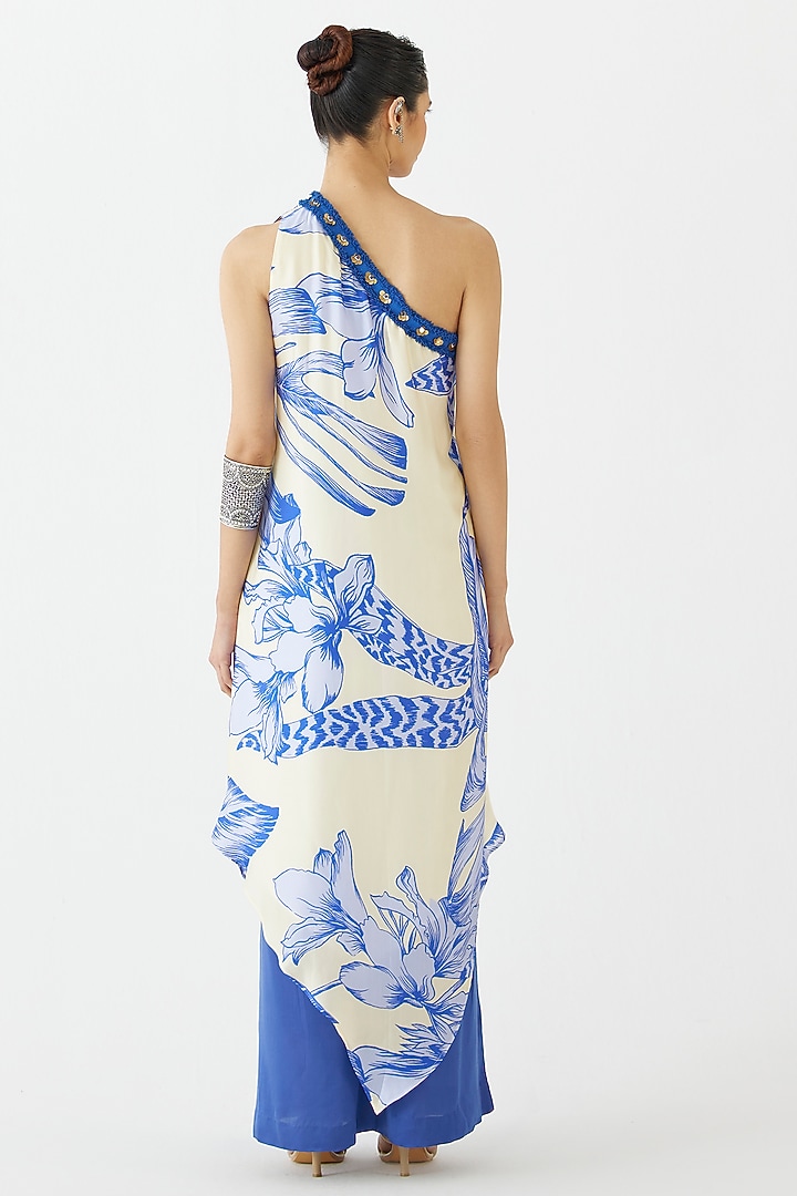 Blue Vegan Silk Hand Embroidered & Floral Printed Co-Ord Set by Studio Rigu at Pernia's Pop Up Shop