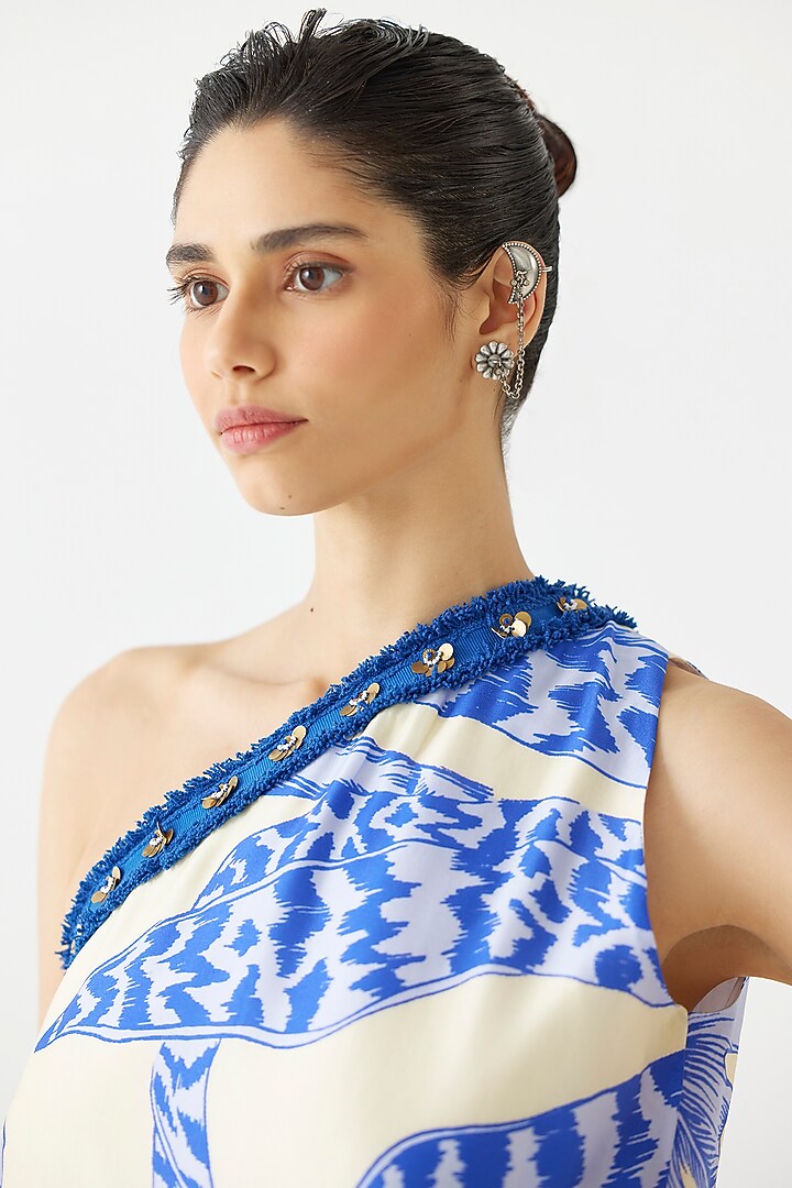 Blue Vegan Silk Hand Embroidered & Floral Printed Co-Ord Set by Studio Rigu at Pernia's Pop Up Shop