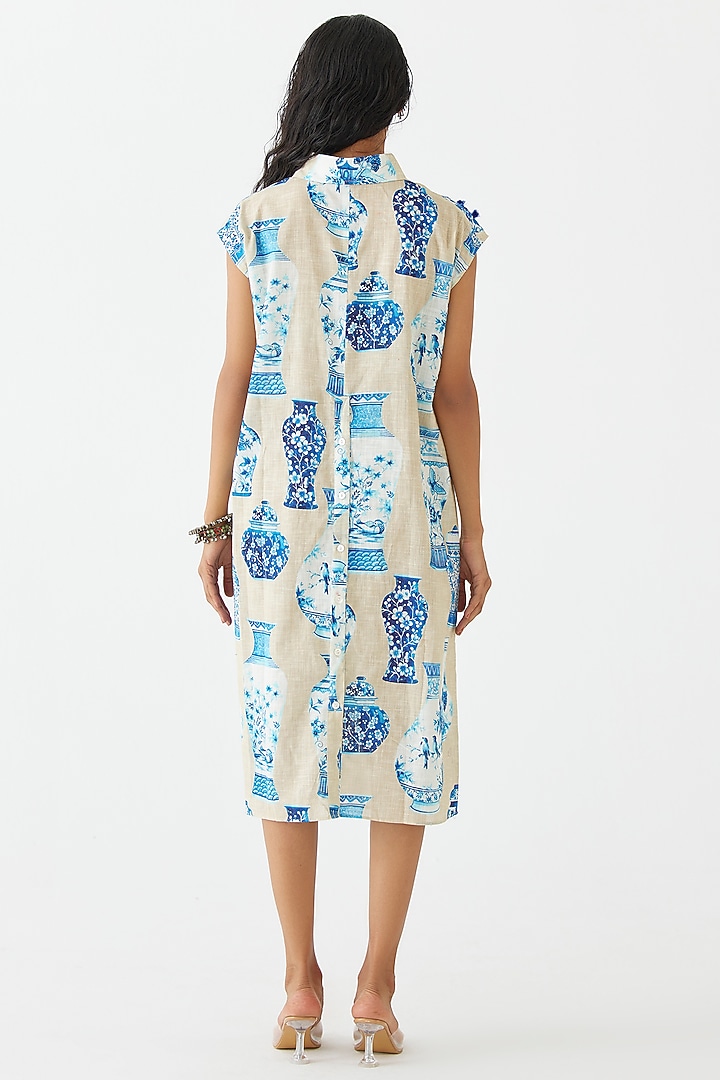 Blue-Beige Cotton Digital Printed Summer Shirt Dress by Studio Rigu at Pernia's Pop Up Shop