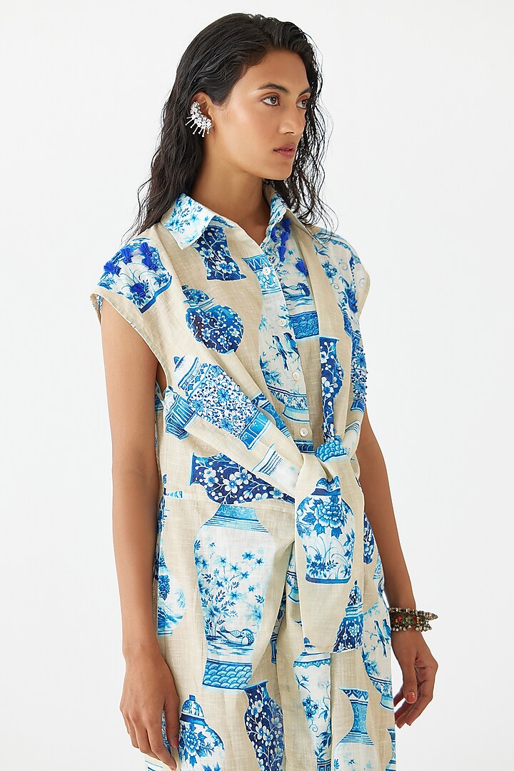 Blue-Beige Cotton Digital Printed Summer Shirt Dress by Studio Rigu at Pernia's Pop Up Shop