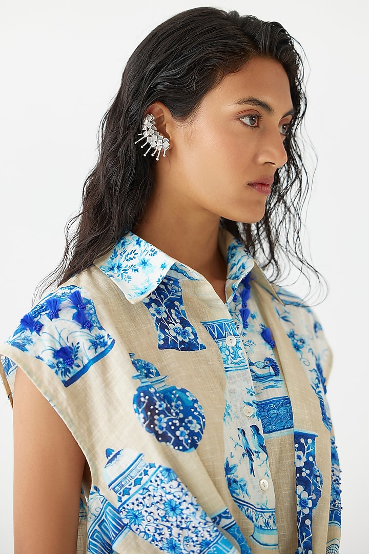 Blue-Beige Cotton Digital Printed Summer Shirt Dress by Studio Rigu at Pernia's Pop Up Shop