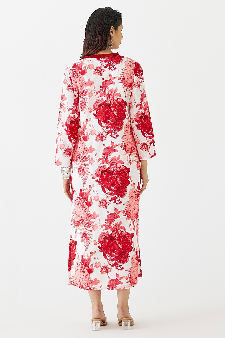 Red Cotton Hand Embroidered & Chintz Printed Kurta Vacation Dress by Studio Rigu at Pernia's Pop Up Shop