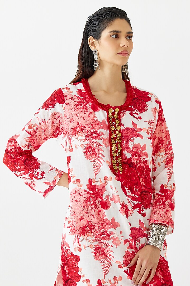Red Cotton Hand Embroidered & Chintz Printed Kurta Vacation Dress by Studio Rigu at Pernia's Pop Up Shop