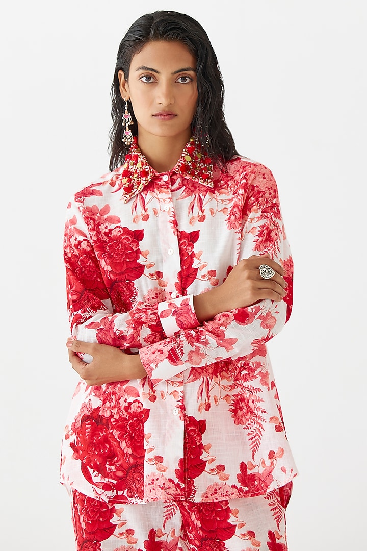 Ruby Red Cotton Hand Embroidered & Chintz Printed Co-Ord Set by Studio Rigu at Pernia's Pop Up Shop