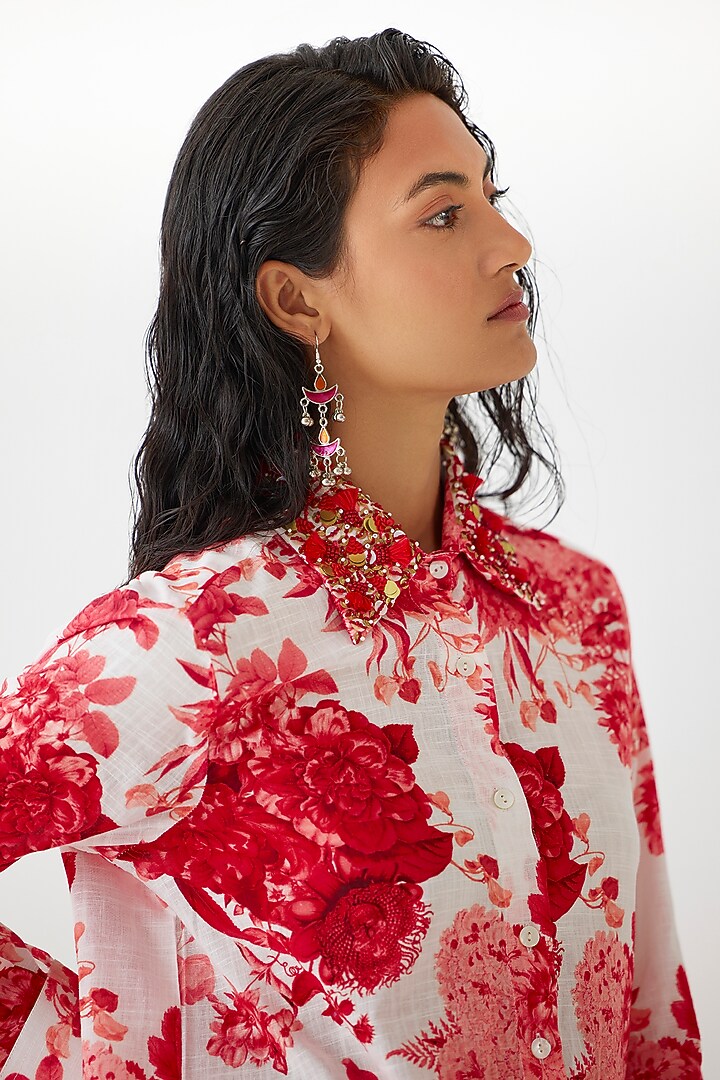 Ruby Red Cotton Hand Embroidered & Chintz Printed Co-Ord Set by Studio Rigu at Pernia's Pop Up Shop
