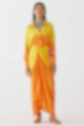 Yellow & Orange Vegan Silk Hand-Dyed Draped Shirt Dress by Studio Rigu