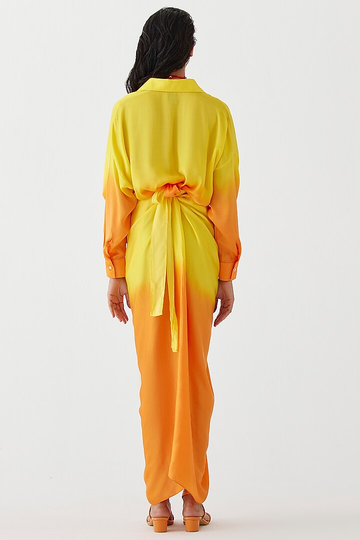 Yellow & Orange Vegan Silk Hand-Dyed Draped Summer Shirt Dress by Studio Rigu at Pernia's Pop Up Shop