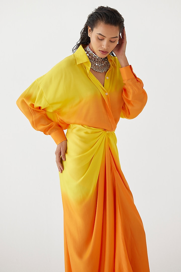 Yellow & Orange Vegan Silk Hand-Dyed Draped Summer Shirt Dress by Studio Rigu at Pernia's Pop Up Shop