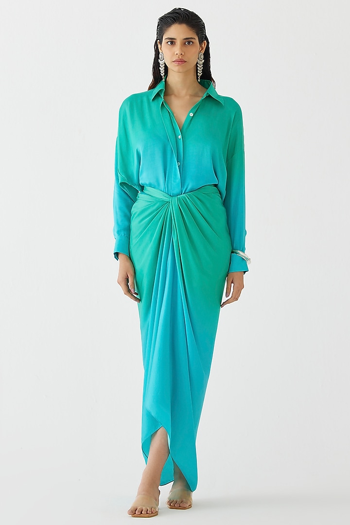 Teal Green Vegan Silk Hand-Dyed Draped Shirt Dress by Studio Rigu