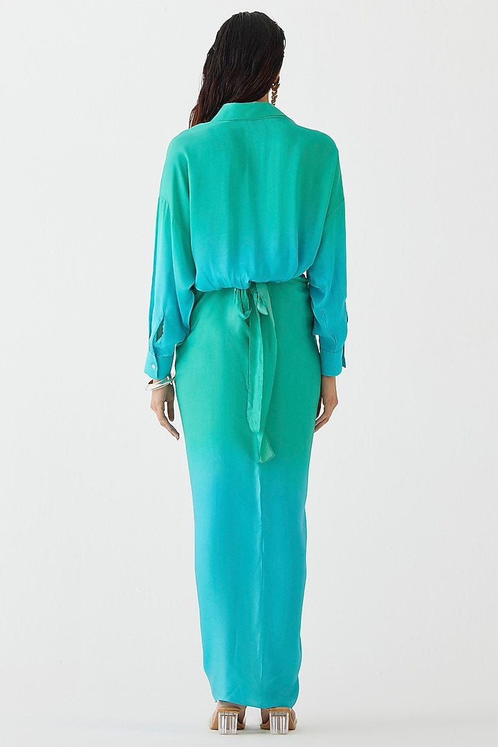 Teal Green Vegan Silk Hand-Dyed Draped Summer Shirt Dress by Studio Rigu at Pernia's Pop Up Shop