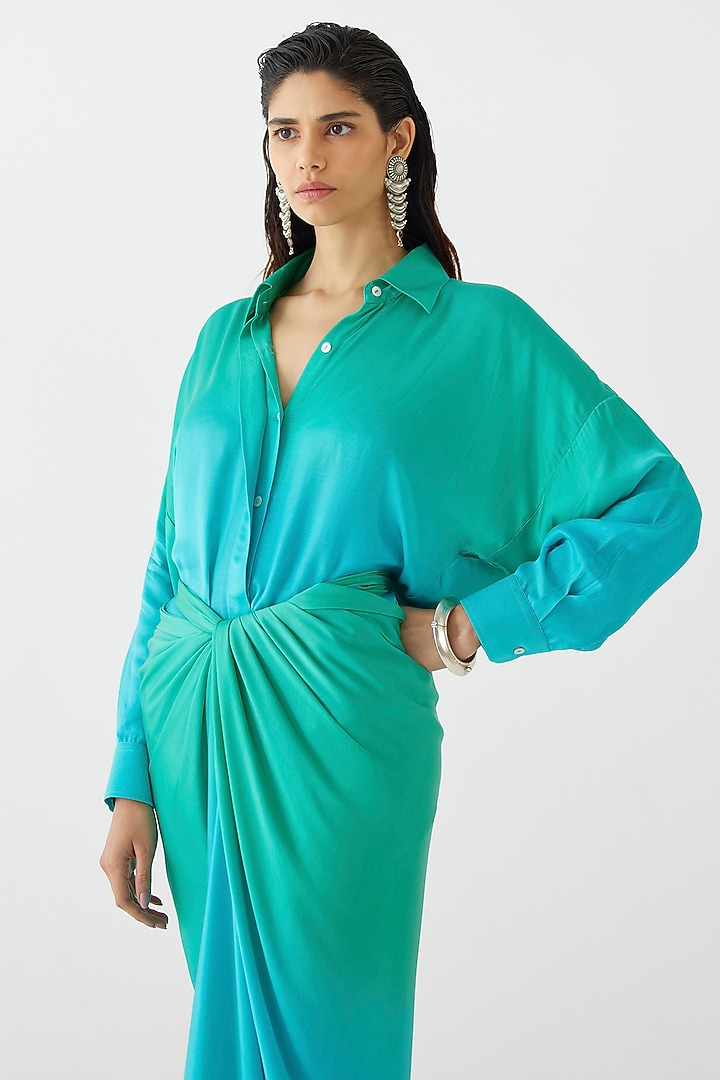 Teal Green Vegan Silk Hand-Dyed Draped Summer Shirt Dress by Studio Rigu at Pernia's Pop Up Shop