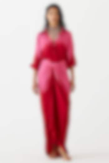 Hot Pink & Ruby Red Vegan Silk Draped Dress by Studio Rigu