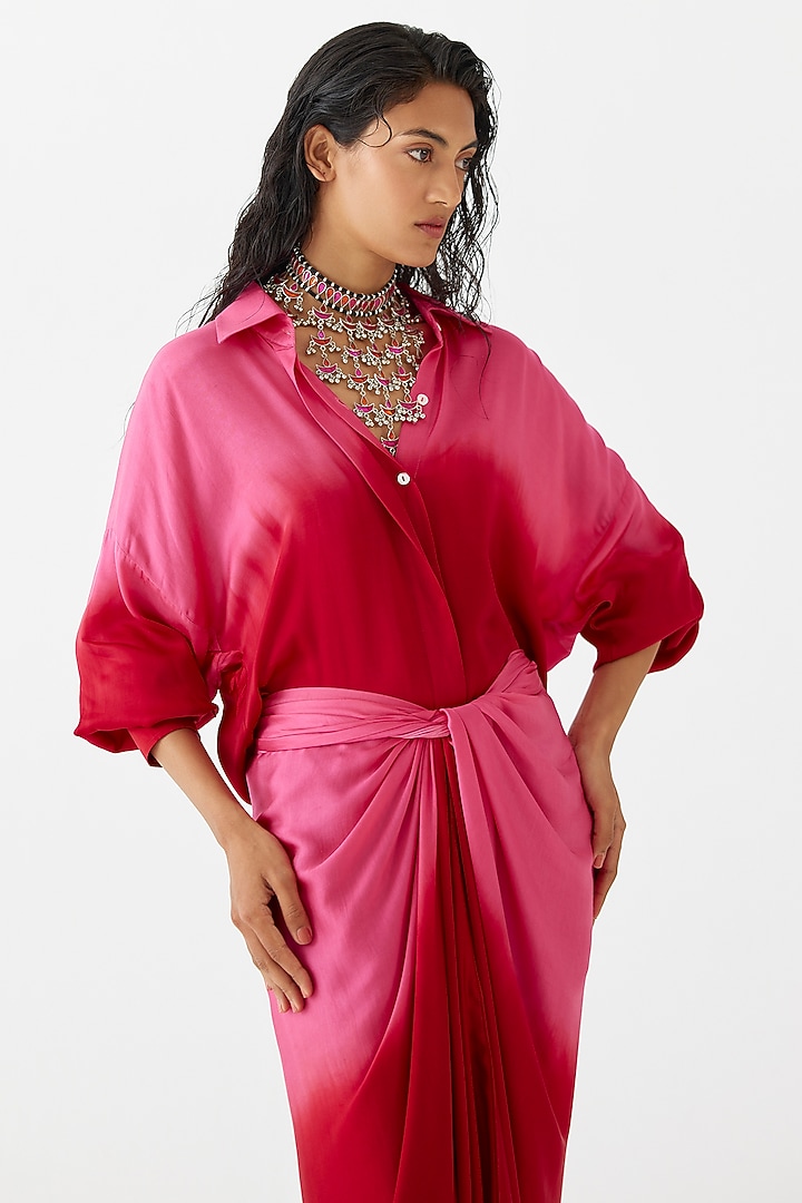 Hot Pink & Ruby Red Vegan Silk Draped Summer Dress by Studio Rigu at Pernia's Pop Up Shop