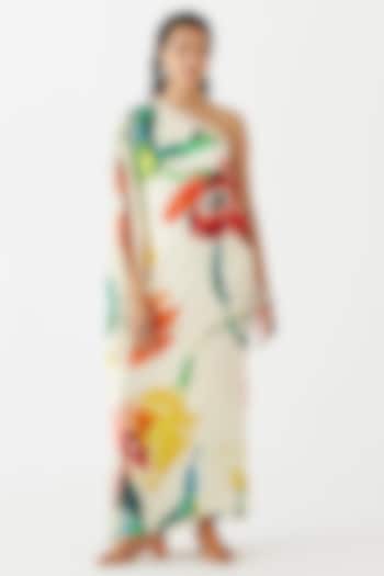 Cream Vegan Silk Printed One-Shoulder Dress by Studio Rigu