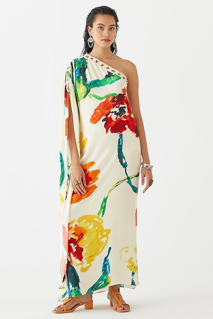 Cream Vegan Silk Printed One-Shoulder Dress by Studio Rigu