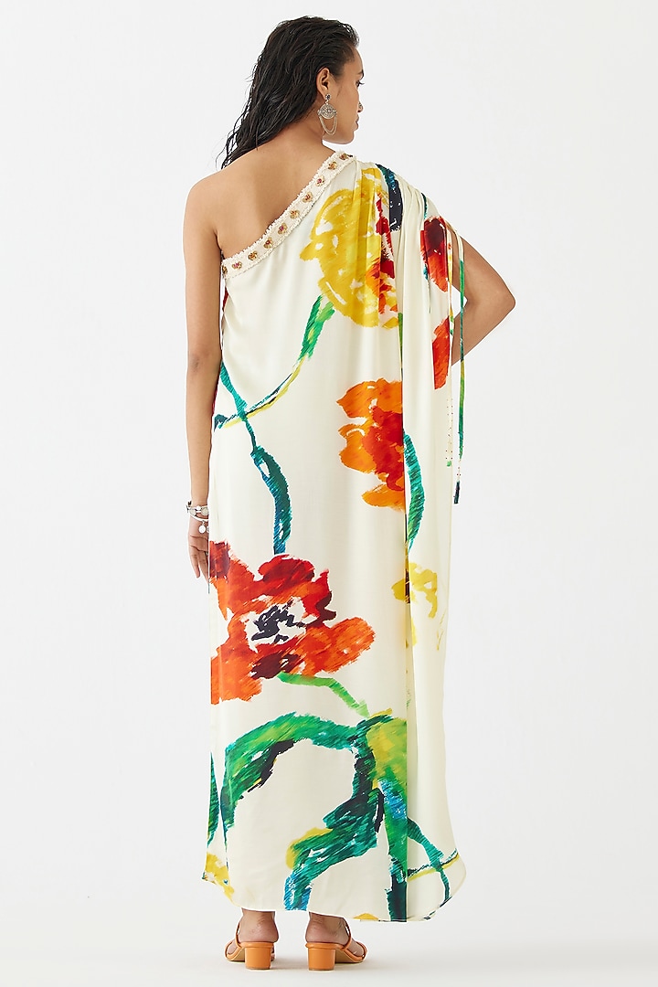 Cream Vegan Silk Printed One-Shoulder Summer Dress by Studio Rigu at Pernia's Pop Up Shop
