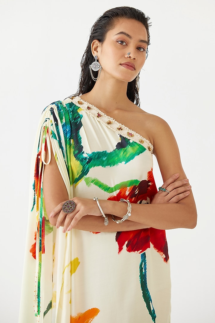 Cream Vegan Silk Printed One-Shoulder Summer Dress by Studio Rigu at Pernia's Pop Up Shop