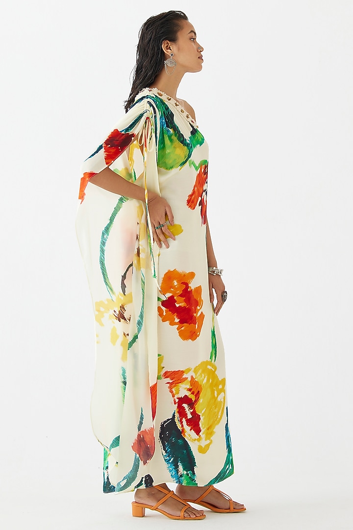 Cream Vegan Silk Printed One-Shoulder Summer Dress by Studio Rigu at Pernia's Pop Up Shop