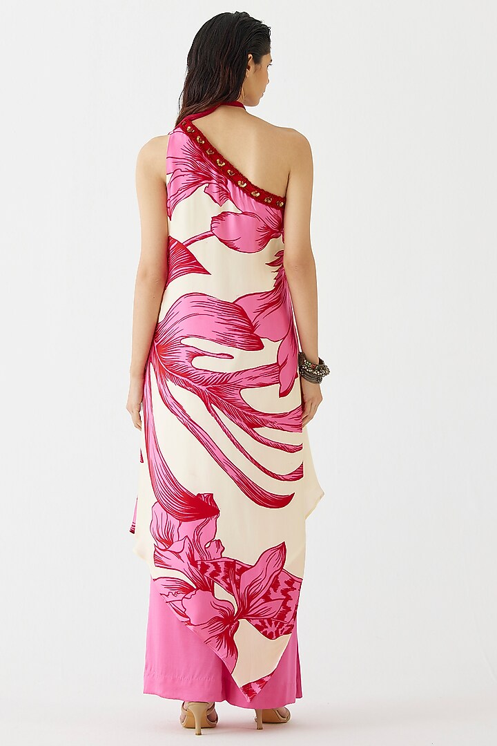 Pink Vegan Silk Hand Embroidered & Floral Printed Co-Ord Set by Studio Rigu at Pernia's Pop Up Shop