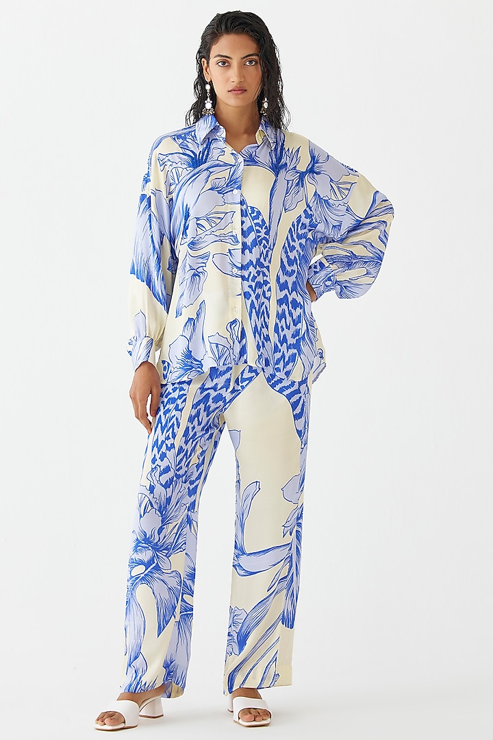 Blue Vegan Silk Hand Embroidered & Printed Co-Ord Set by Studio Rigu