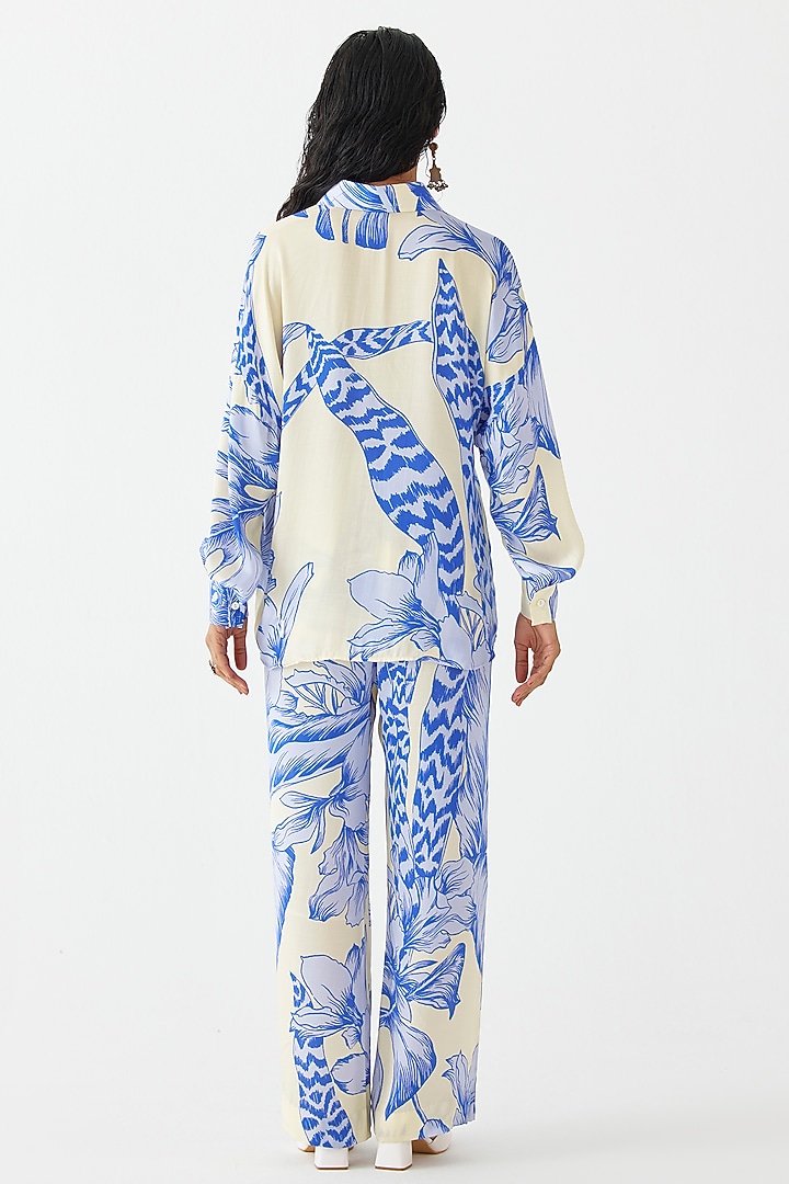 Blue Vegan Silk Hand Embroidered & Printed Co-Ord Set by Studio Rigu at Pernia's Pop Up Shop
