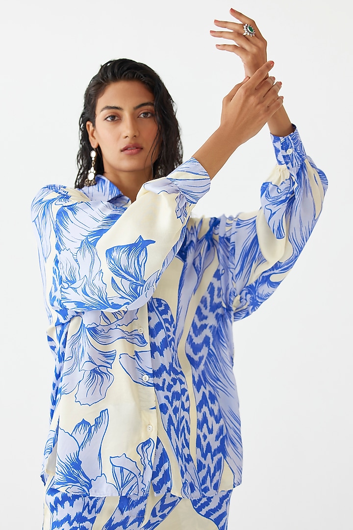 Blue Vegan Silk Hand Embroidered & Printed Co-Ord Set by Studio Rigu at Pernia's Pop Up Shop