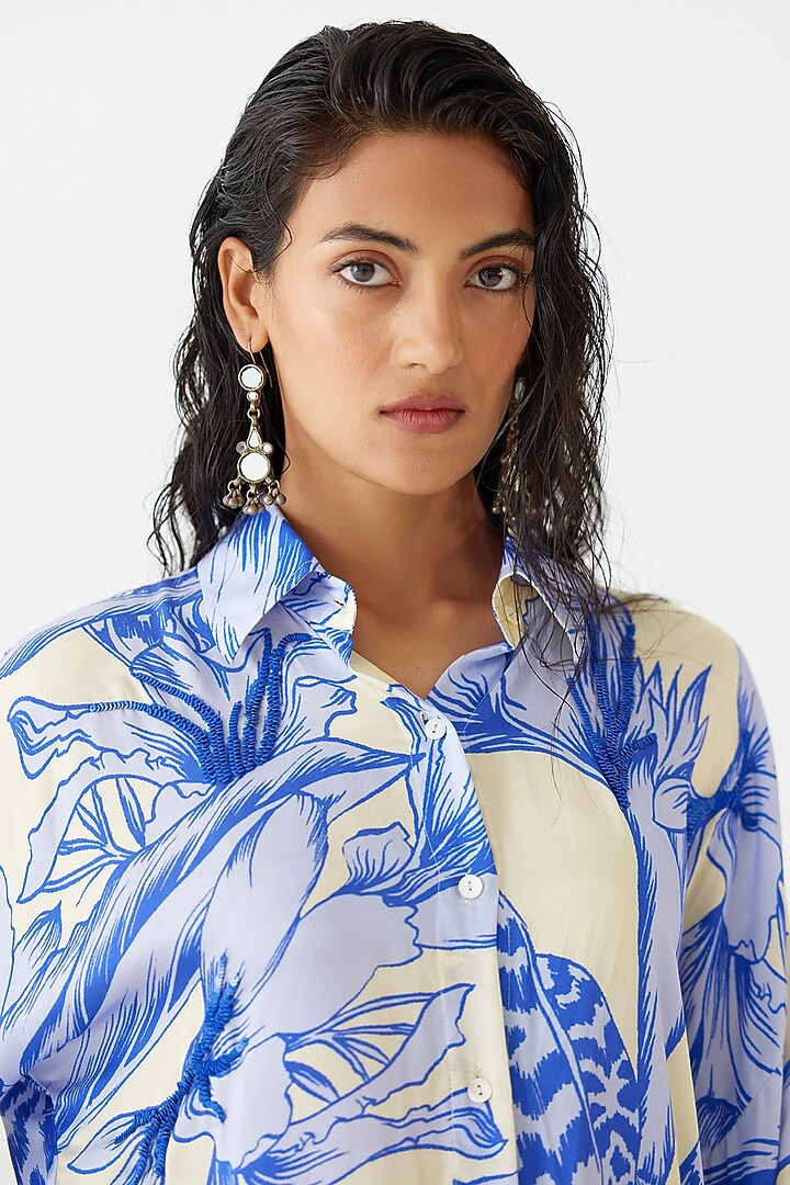 Blue Vegan Silk Hand Embroidered & Printed Co-Ord Set by Studio Rigu at Pernia's Pop Up Shop