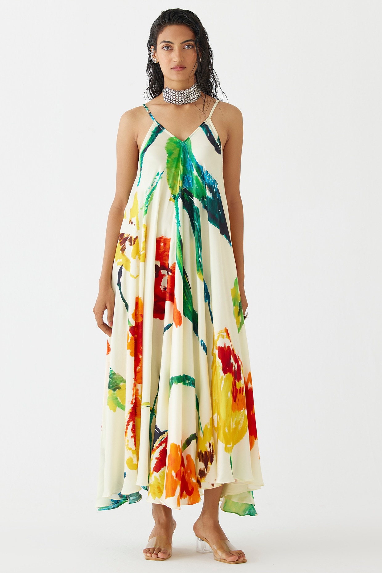 Cream Vegan Silk Floral Printed Strappy Dress by Studio Rigu at Pernia s Pop Up Shop 2024