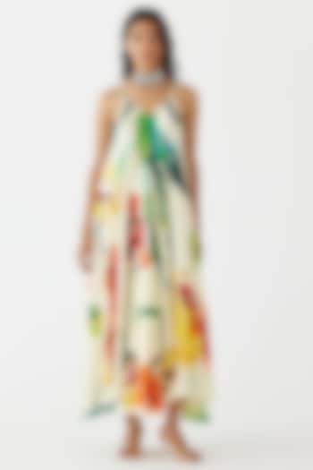 Cream Vegan Silk Floral Printed Strappy Dress by Studio Rigu
