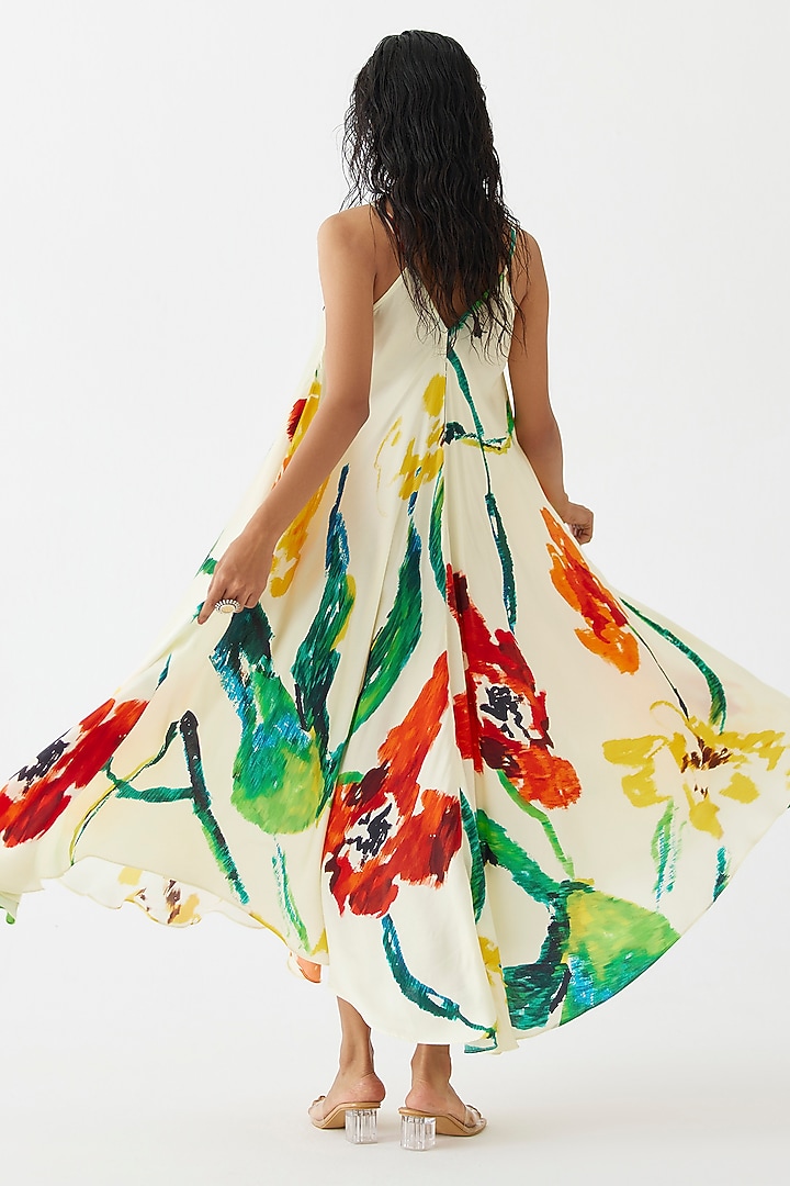 Cream Vegan Silk Floral Printed Strappy Summer Dress by Studio Rigu at Pernia's Pop Up Shop