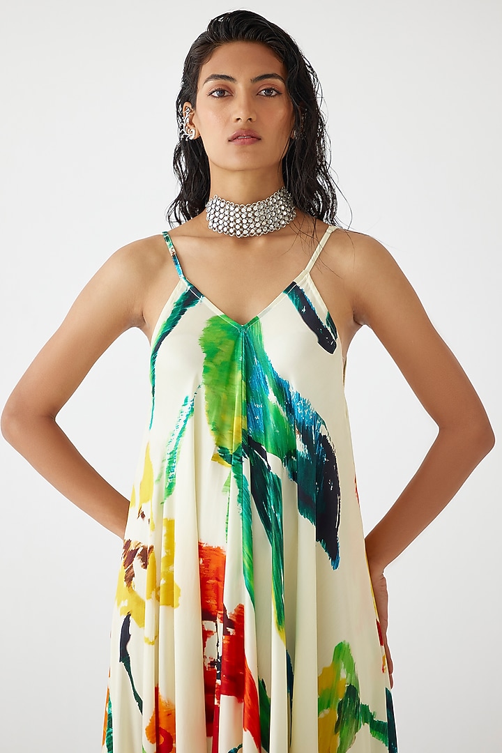 Cream Vegan Silk Floral Printed Strappy Summer Dress by Studio Rigu at Pernia's Pop Up Shop