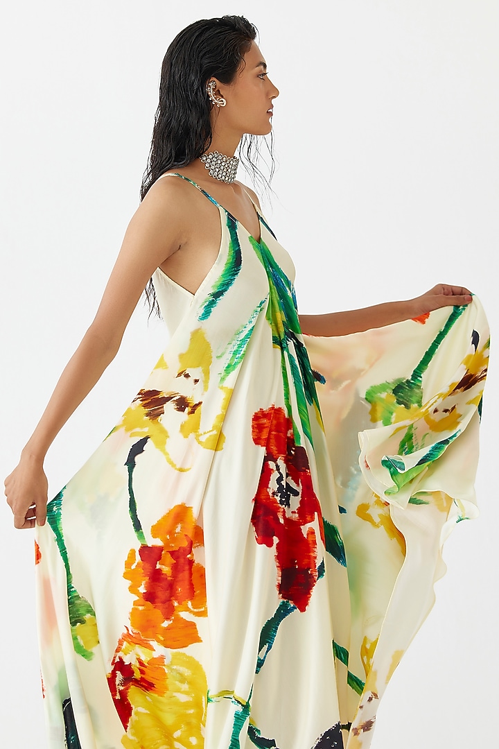 Cream Vegan Silk Floral Printed Strappy Summer Dress by Studio Rigu at Pernia's Pop Up Shop