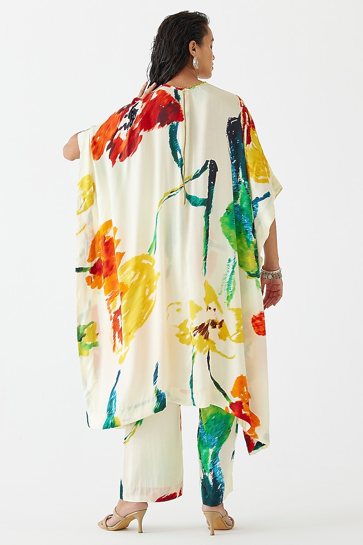 Cream Vegan Silk Hand Embroidered & Floral Printed Co-Ord Set by Studio Rigu at Pernia's Pop Up Shop