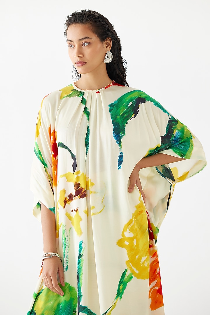 Cream Vegan Silk Hand Embroidered & Floral Printed Co-Ord Set by Studio Rigu at Pernia's Pop Up Shop